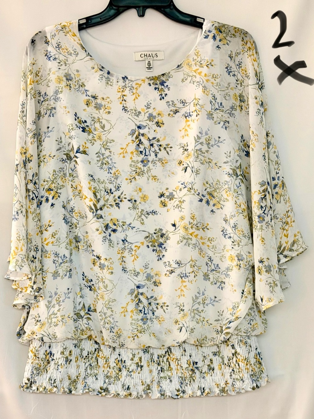 Chaus White Floral Blouse with Yellow & Blue Sprigs